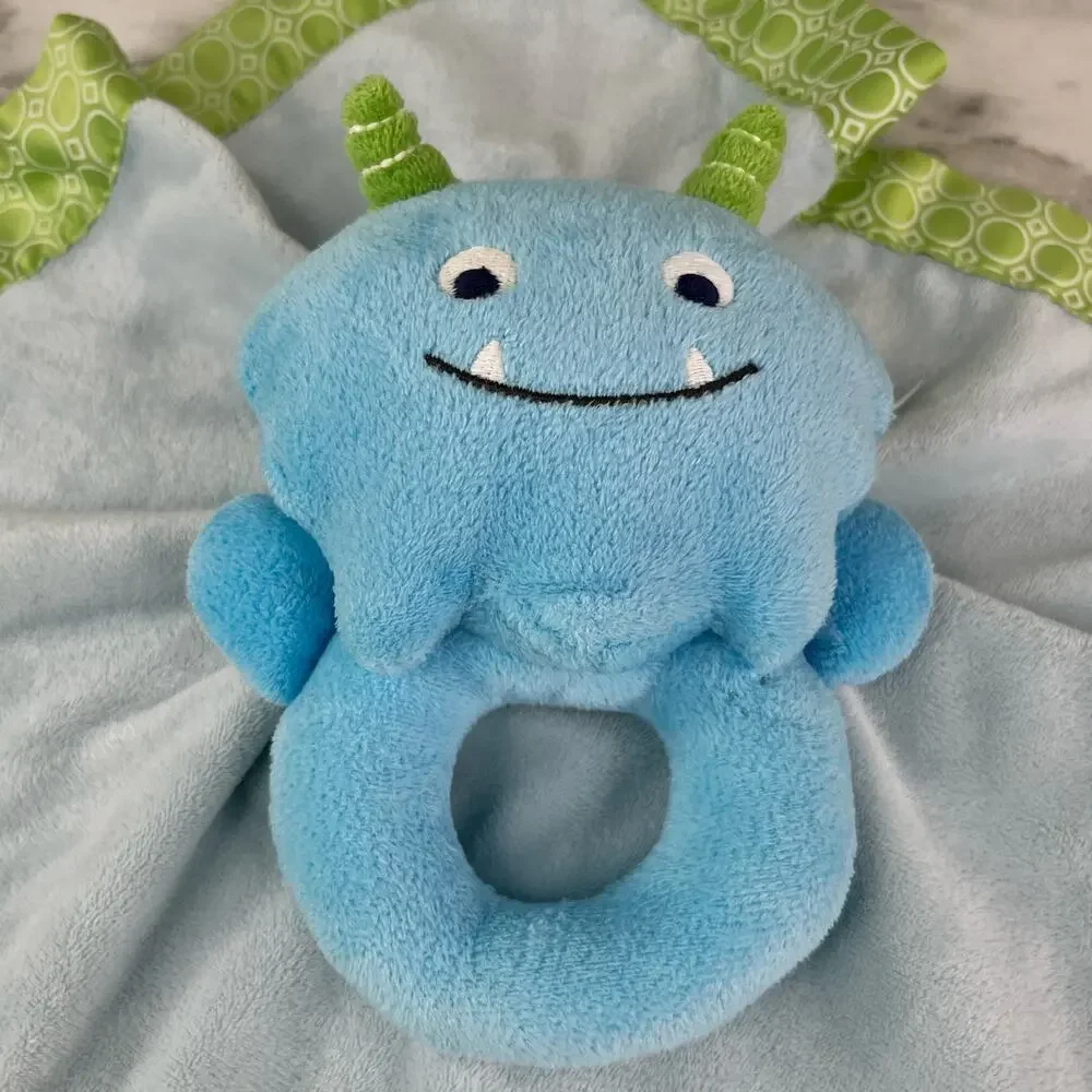 Carter's Plush Blue Monster Security Blanket Rattle Lovey Satin Trim 14